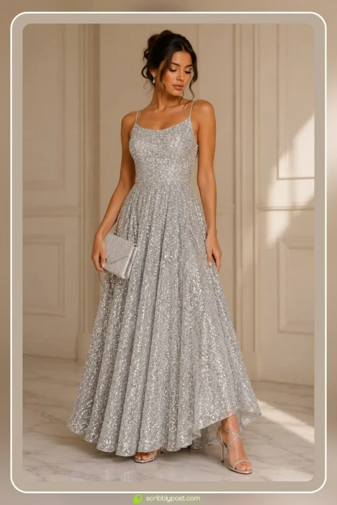 Silver sequin A-line prom dress with strapless neckline for a modern formal look
