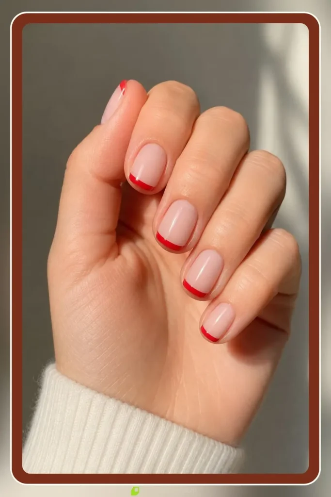 bright red French tip nails on short square shape with clean white base