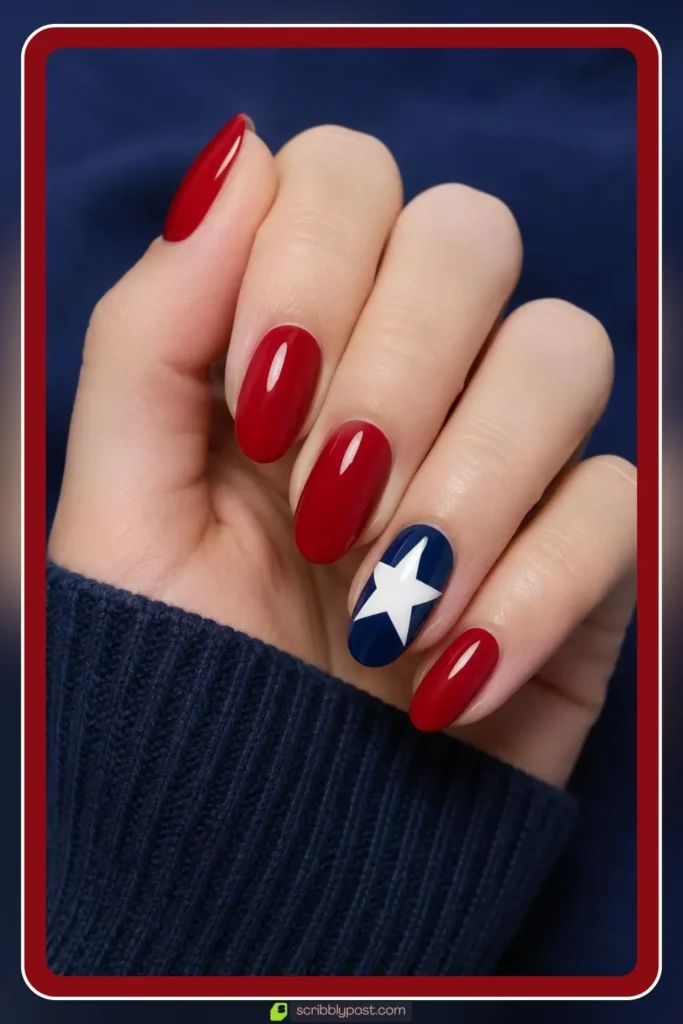 oversized white star on navy accent nail with solid red nails medium length oval