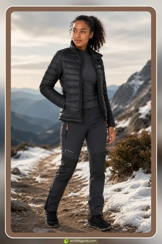 Ski Pants with a Fitted Base Layer and a Quilted Jacket
