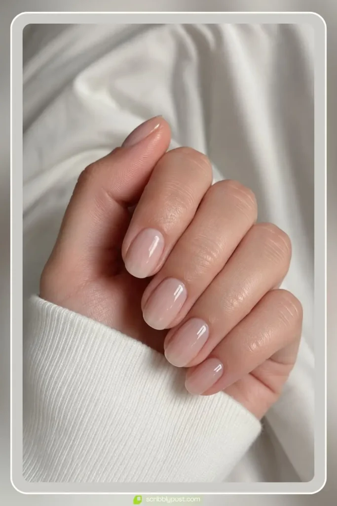 Soap nail finish with sheer beige jelly polish and plumping glossy top coat on oval nails