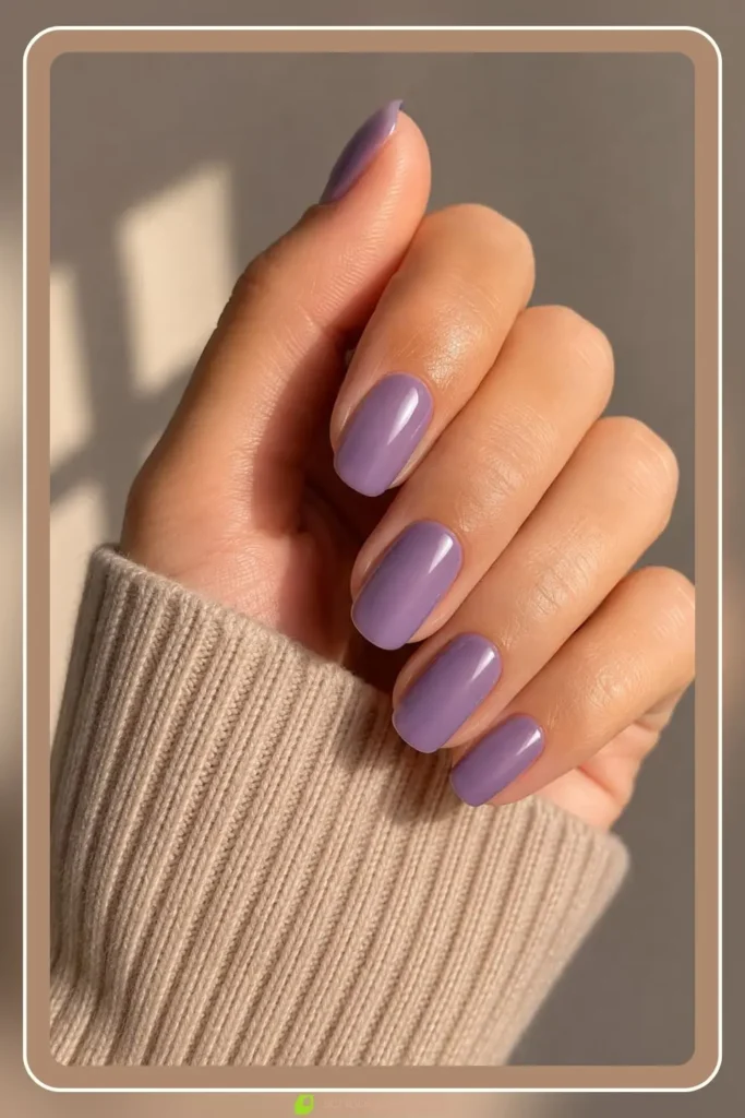 Muted lavender satin polish on round nails, Soft Purple Wash Design, best nail designs