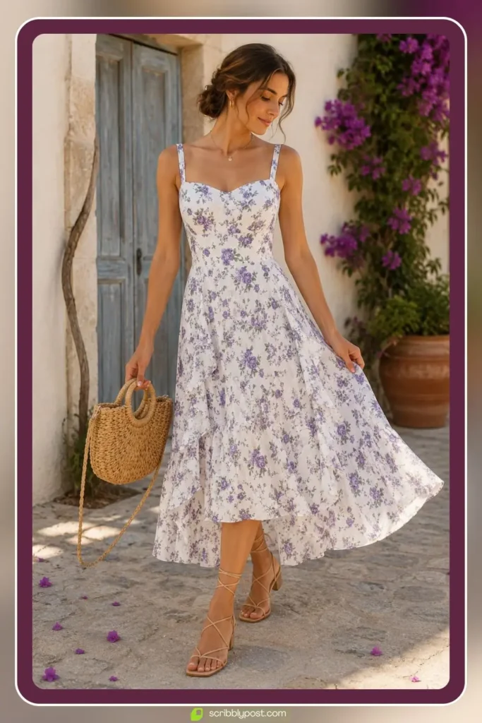 Spring brunch outfit with floral midi dress, strappy flat pastel sandals, and wicker crossbody bag
