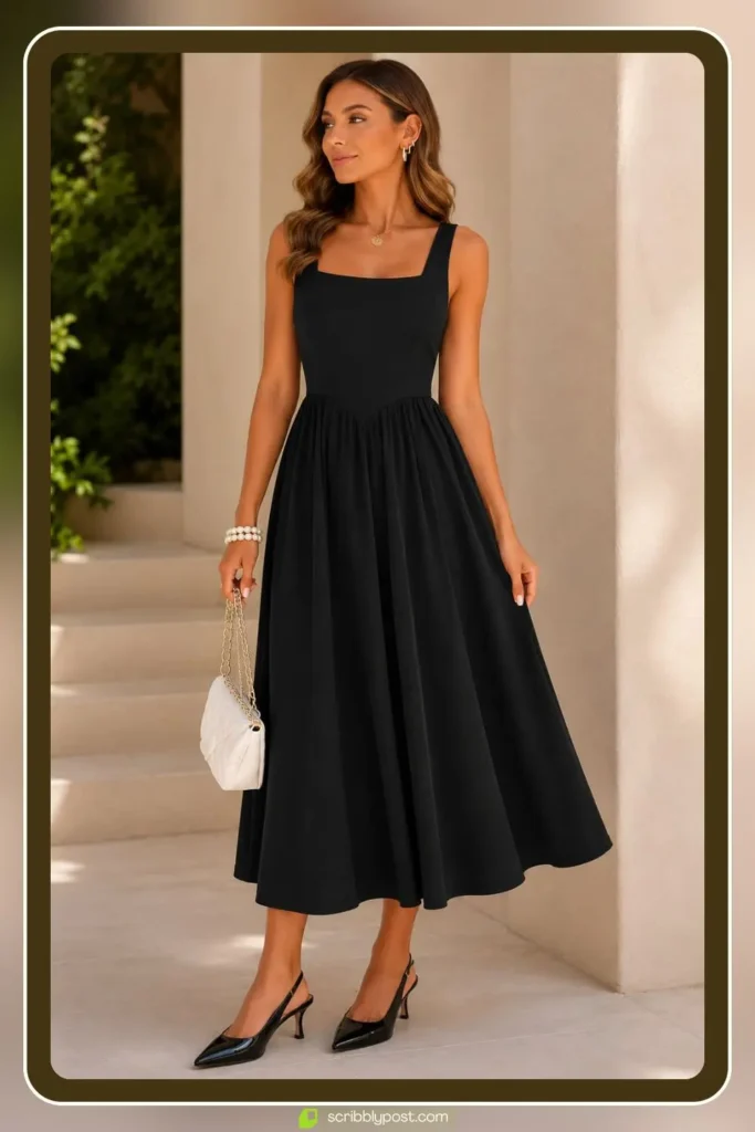 Black square neck midi dress with thick straps and a straight skirt styled with strappy heels