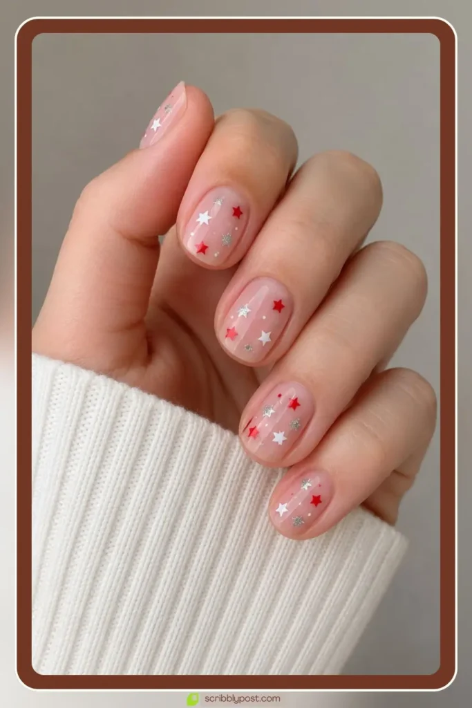 scattered red white silver star sticker nails on sheer pink nude base short length