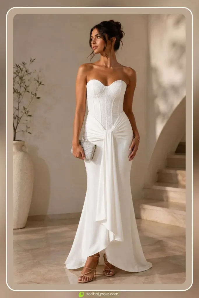 Strapless corset bodice prom dress with A-line skirt for a classic formal look