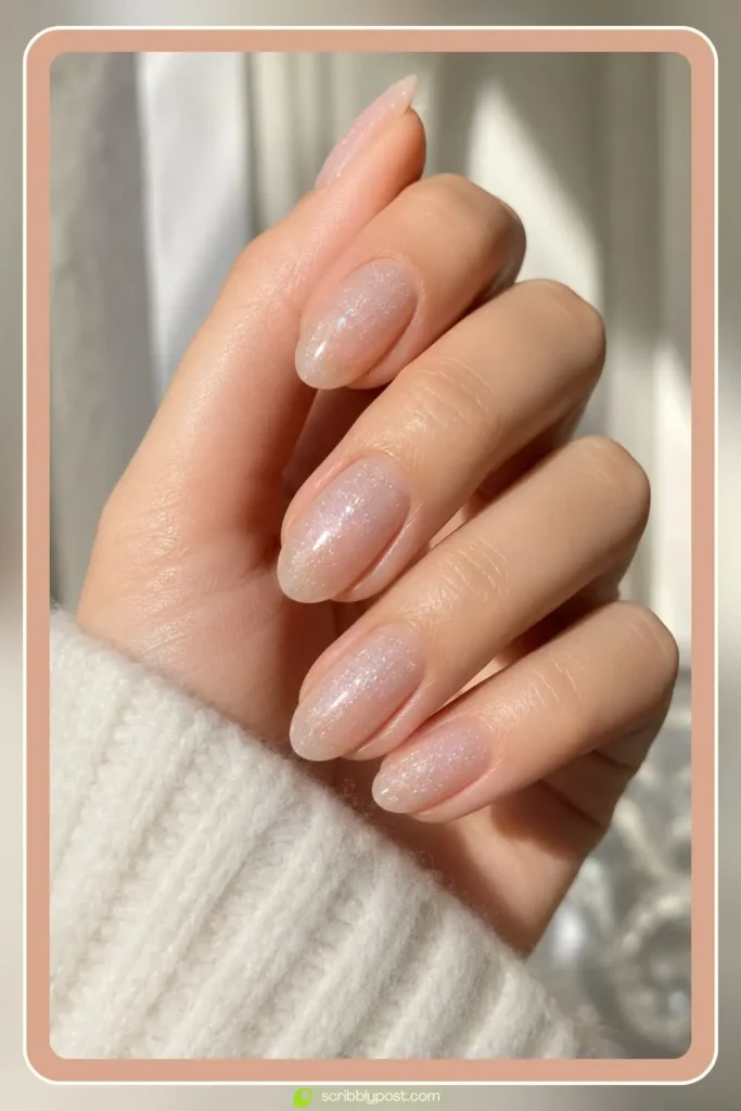 Micro shimmer clear nail veil polish over milky base on oval nails with a glassy clean girl finish