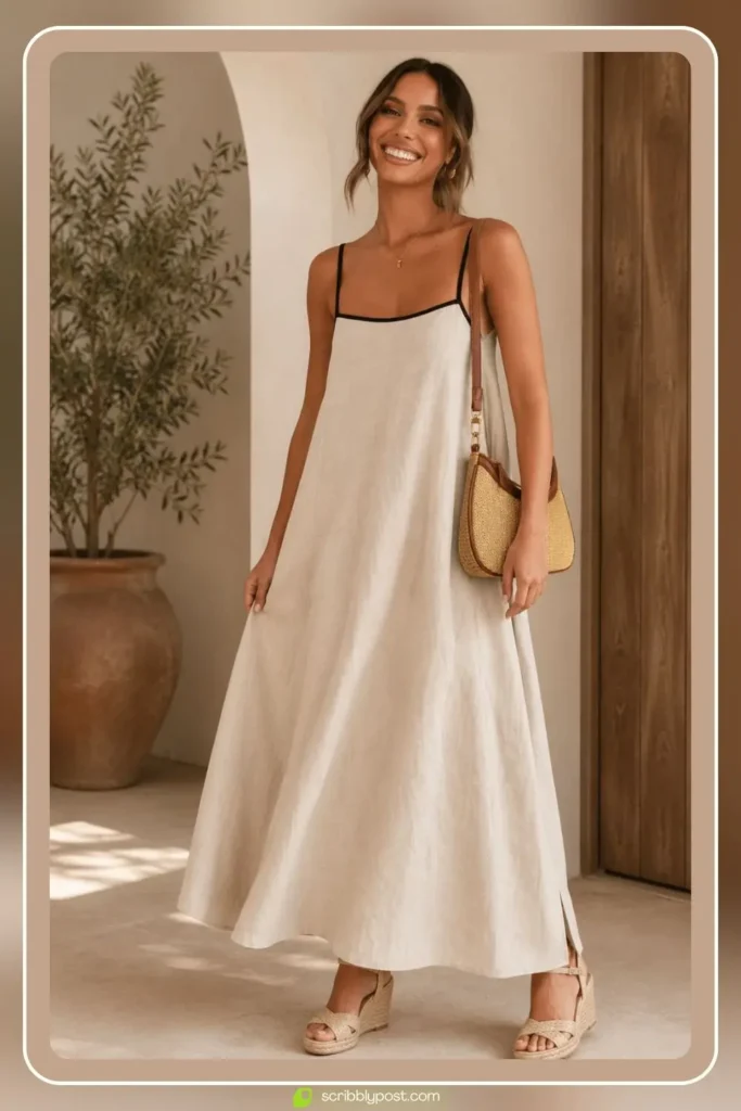 Summer brunch outfit with linen sundress, platform espadrilles, and straw tote bag