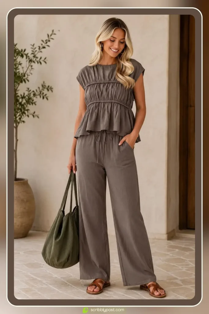 Sunday brunch outfit with linen co-ord wide leg set and leather flat sandals