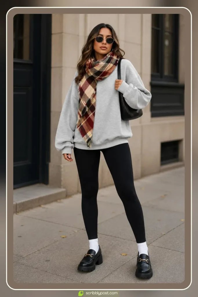 Sweater with Plaid Scarf, Straight Jeans, and Lug-Sole Loafers