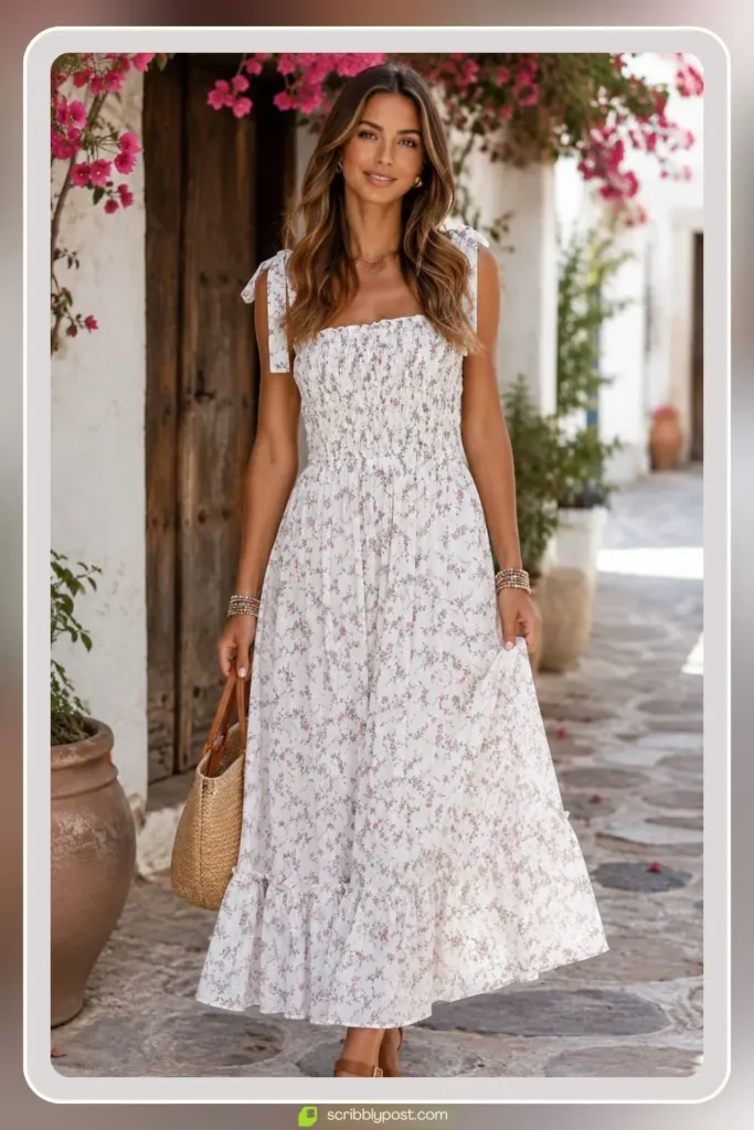 White tie strap boho sundress with square neckline and midi length
