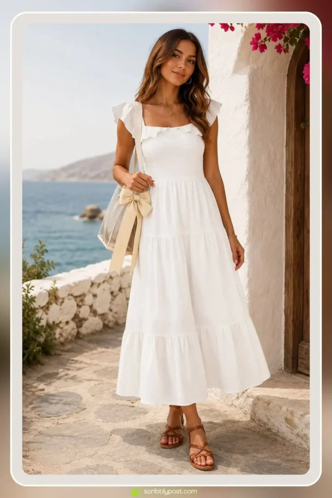 Flowing white tiered maxi boho dress with smocked bodice styled with tan sandals
