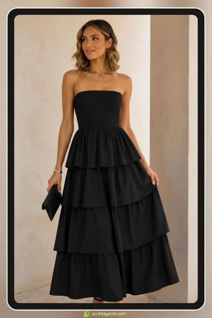 Black tiered ruffle gown with layered chiffon skirt moving at an outdoor evening event