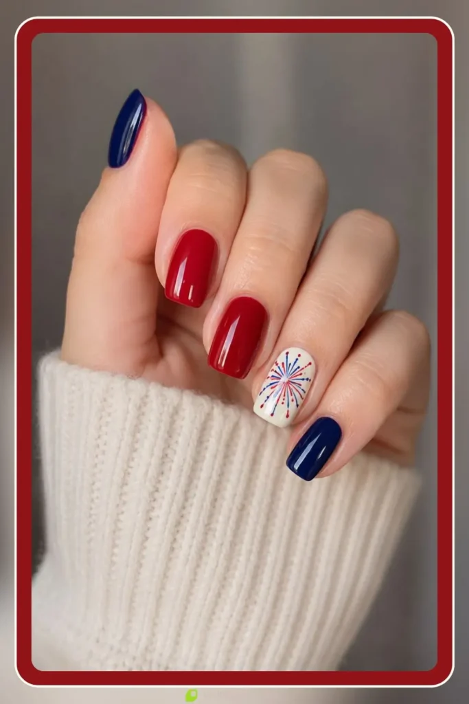 red and blue firework burst nail art on white base medium length accent nail