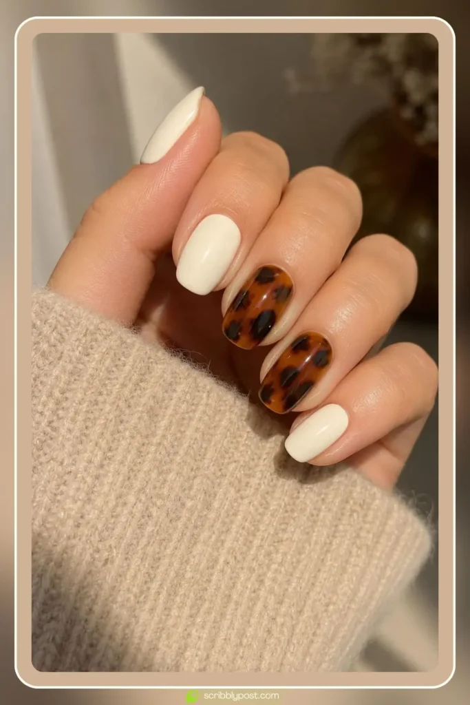 Manicure mixing solid cream nails with two tortoise shell accent nails