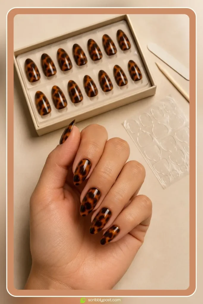 Tortoise shell press on nails in medium almond shape laid out with application kit