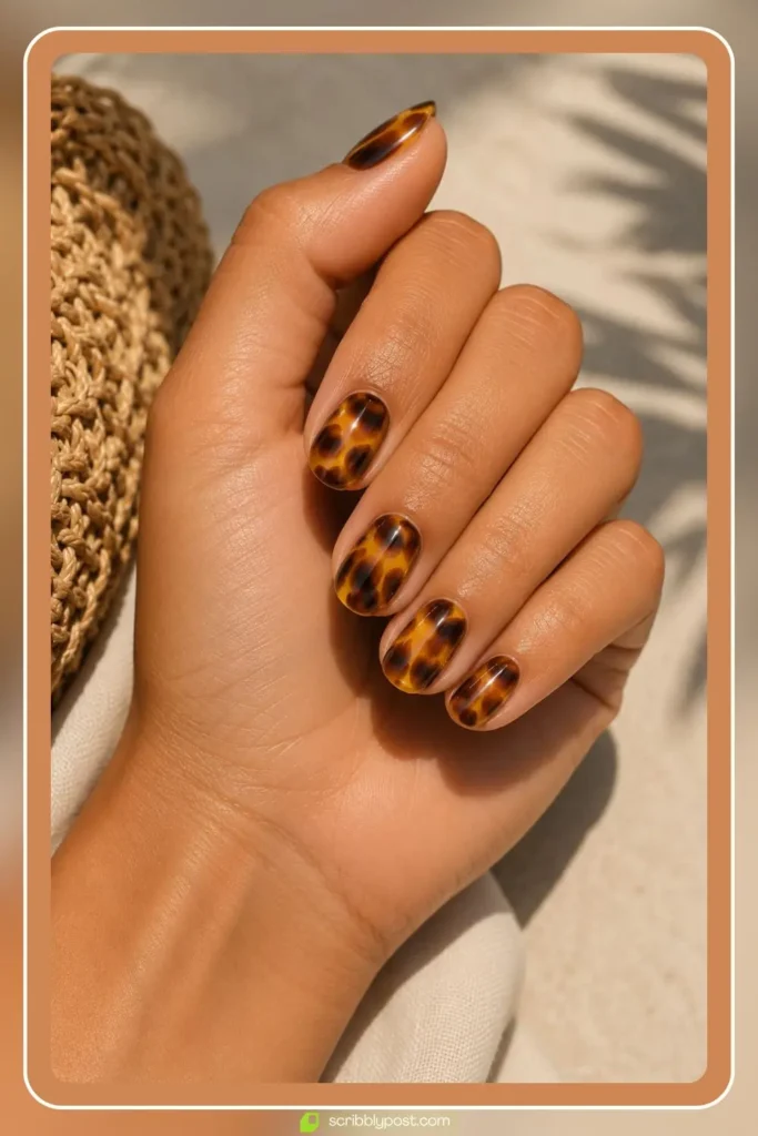 Tortoise shell pattern pedicure matching a tortie manicure in warm amber tones