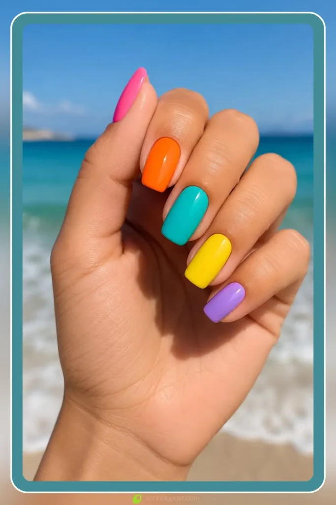 Bold color block nails in two bright shades, Vacation Ready Color Block Design, best nail designs