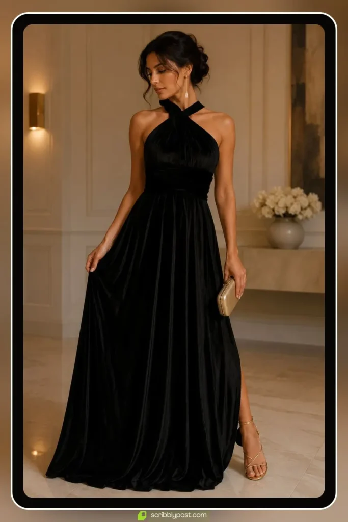 Floor length black velvet gown with a deep V neckline and gold drop earrings at a formal evening event