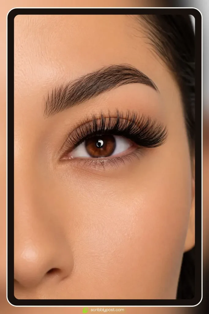 Volume eyelash extensions with fanned 3D lash clusters creating a full fluffy lash line