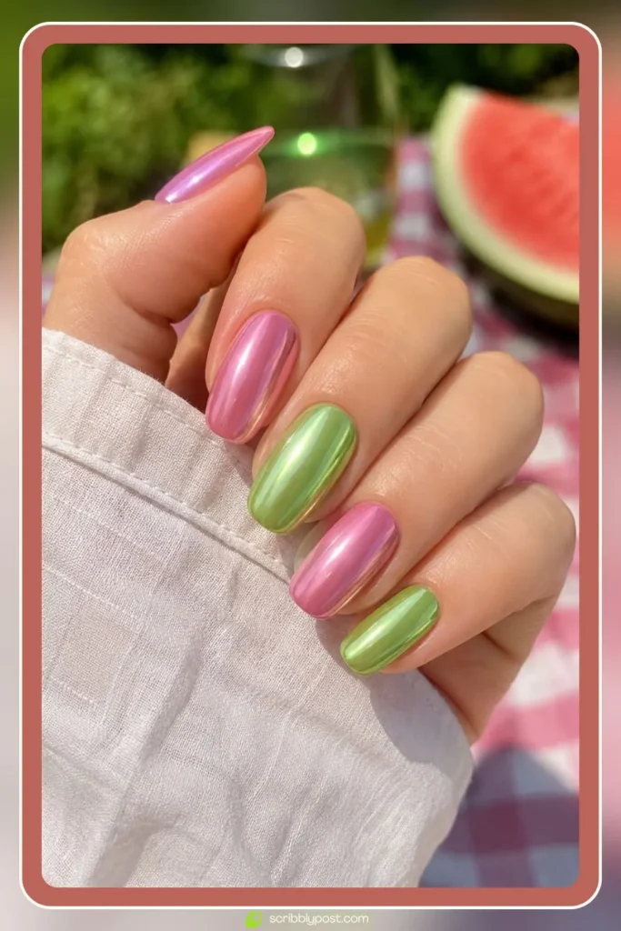 Alternating pink and green chrome nails inspired by watermelon colors