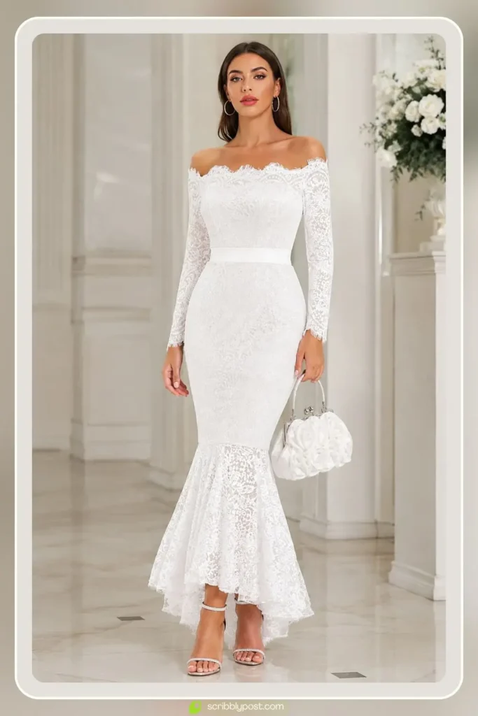 White ivory mermaid lace prom dress with embellished bodice for a formal prom night