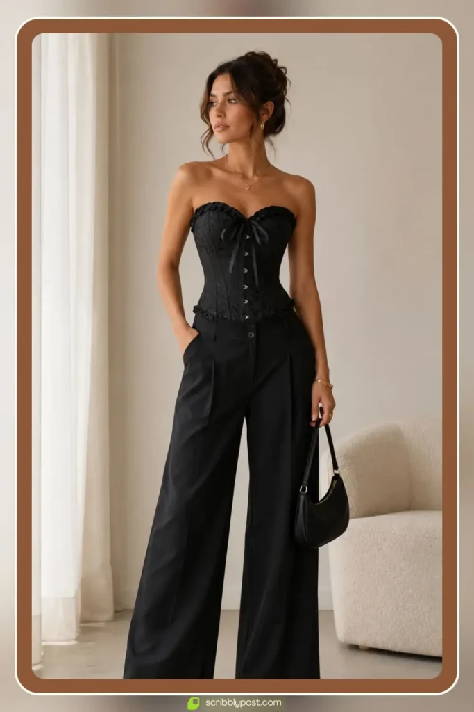 Wide-Leg Trousers with a Corset Top and Block Heels
