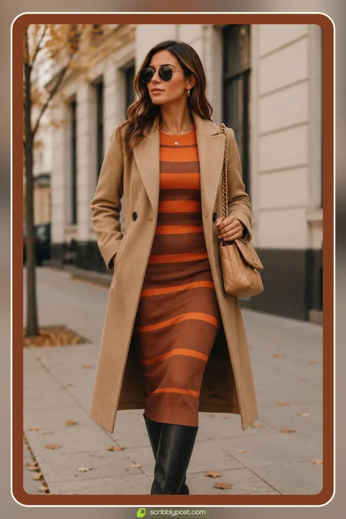 Winter brunch outfit with knit midi dress, tall leather boots, and camel wool coat