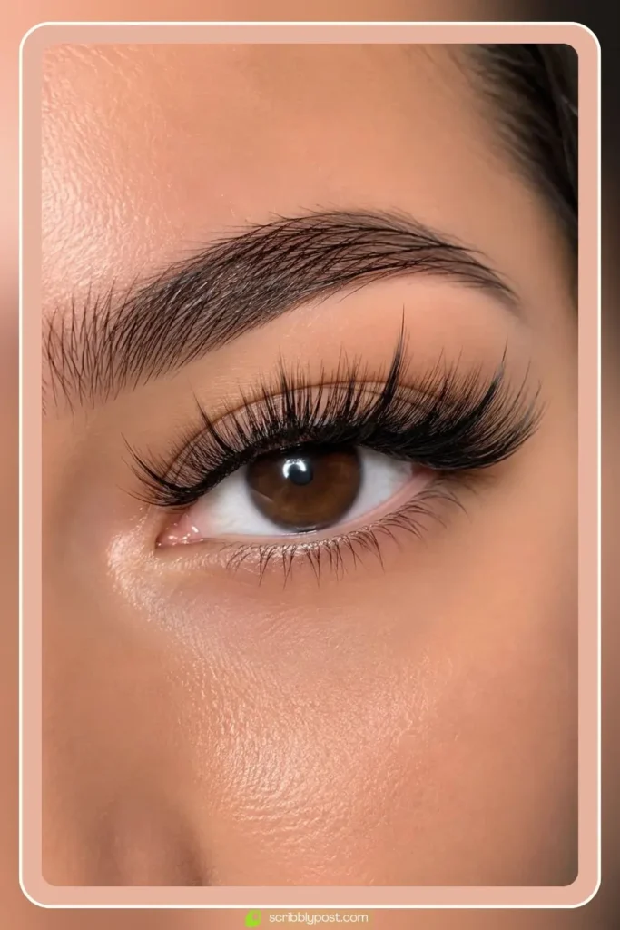 Wispy eyelash extensions with alternating long spikes and shorter fans creating a feathered lash effect