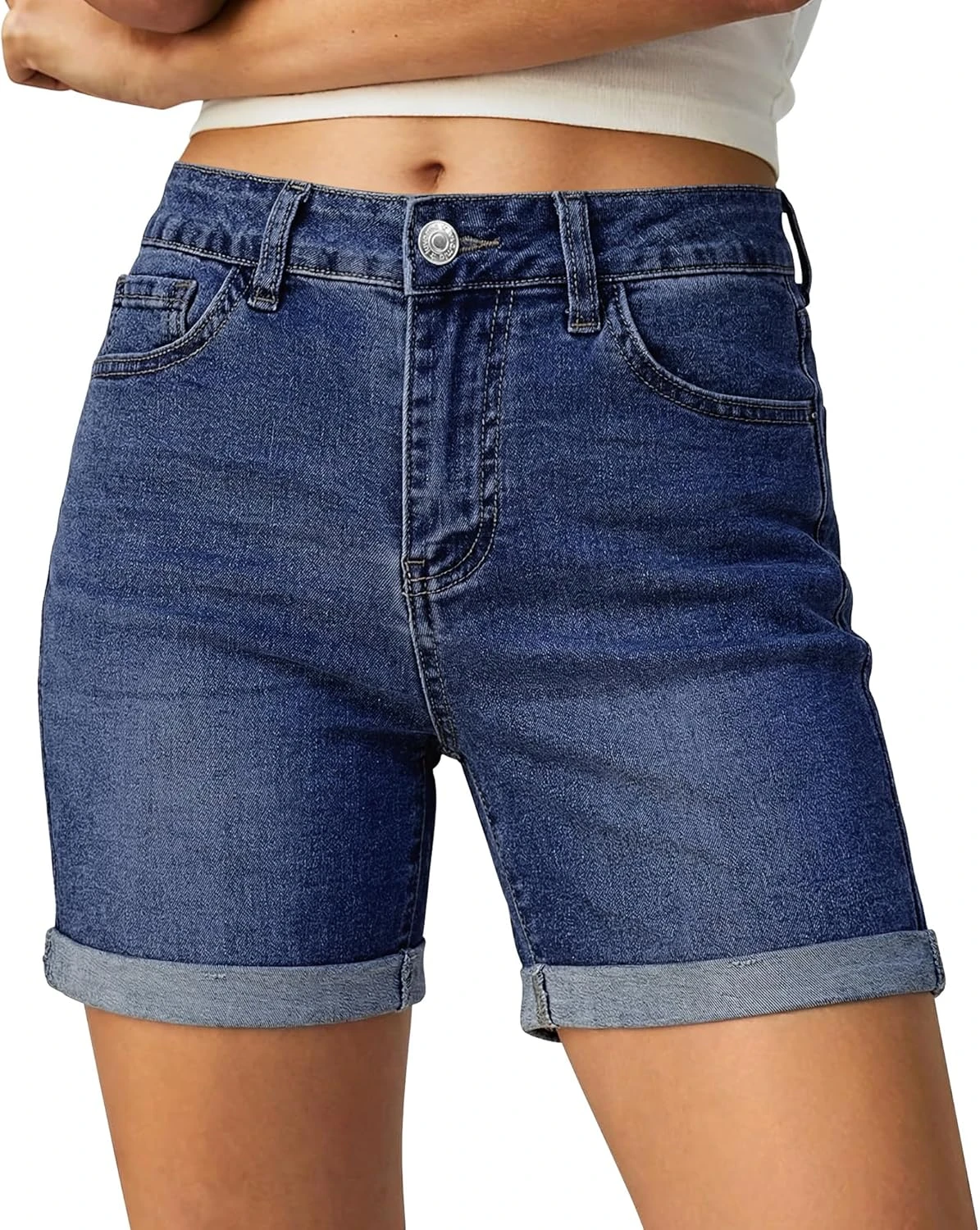 High-Waist Denim Shorts Mid-Thigh Length