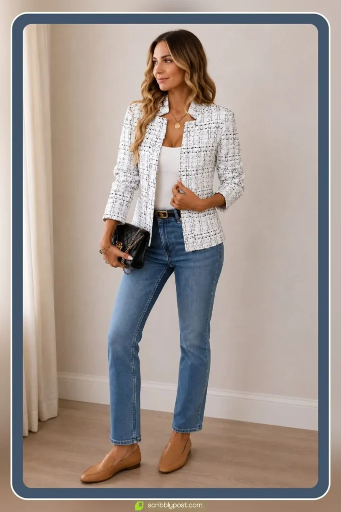 Work team brunch outfit with tailored blazer, clean straight dark jeans, and leather pointed toe loafer