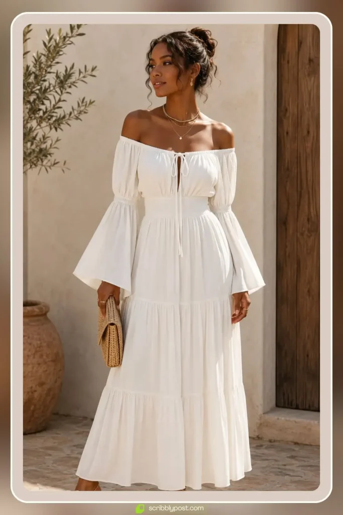 White wrap maxi boho dress with bell sleeves and tie waist in flowing fabric