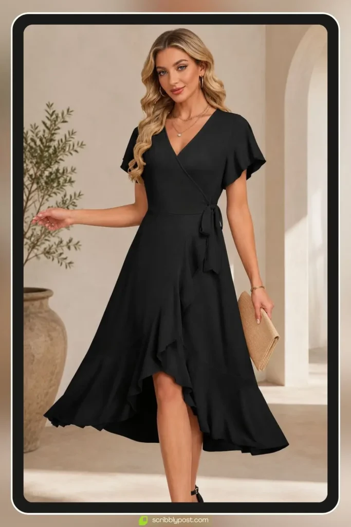Black wrap midi dress with flutter sleeves and a tie waist styled for a semi formal dinner