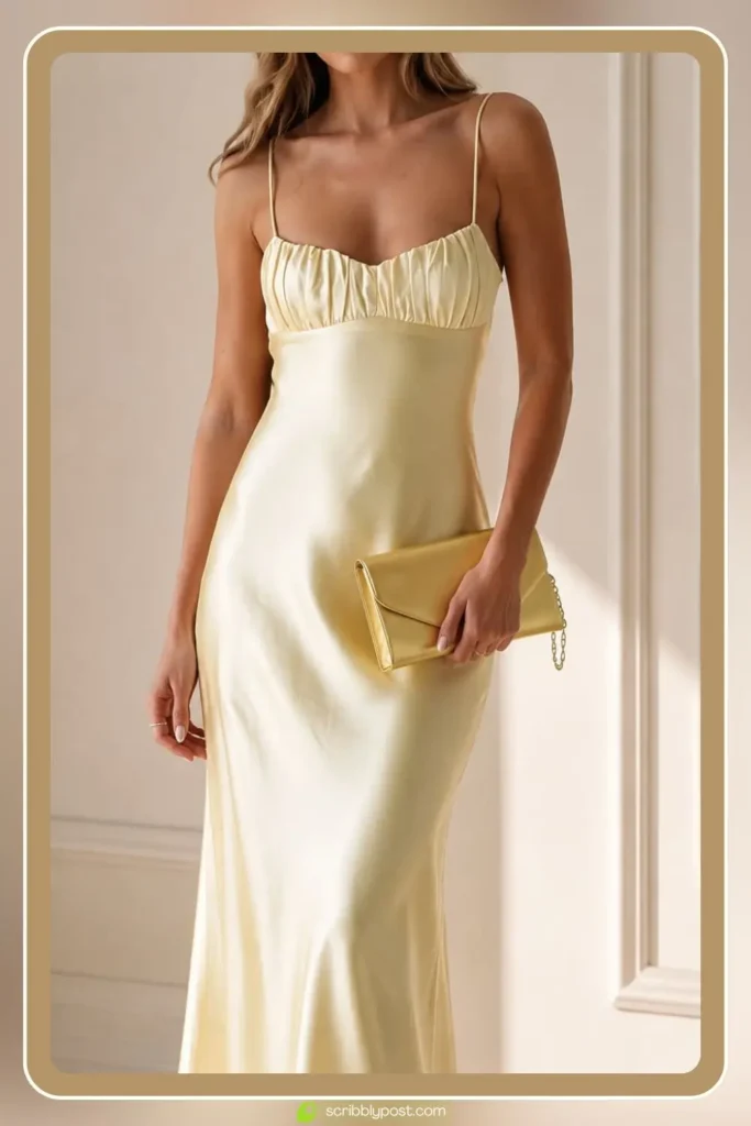 Yellow A-line satin floor-length prom dress with warm tones for a spring formal