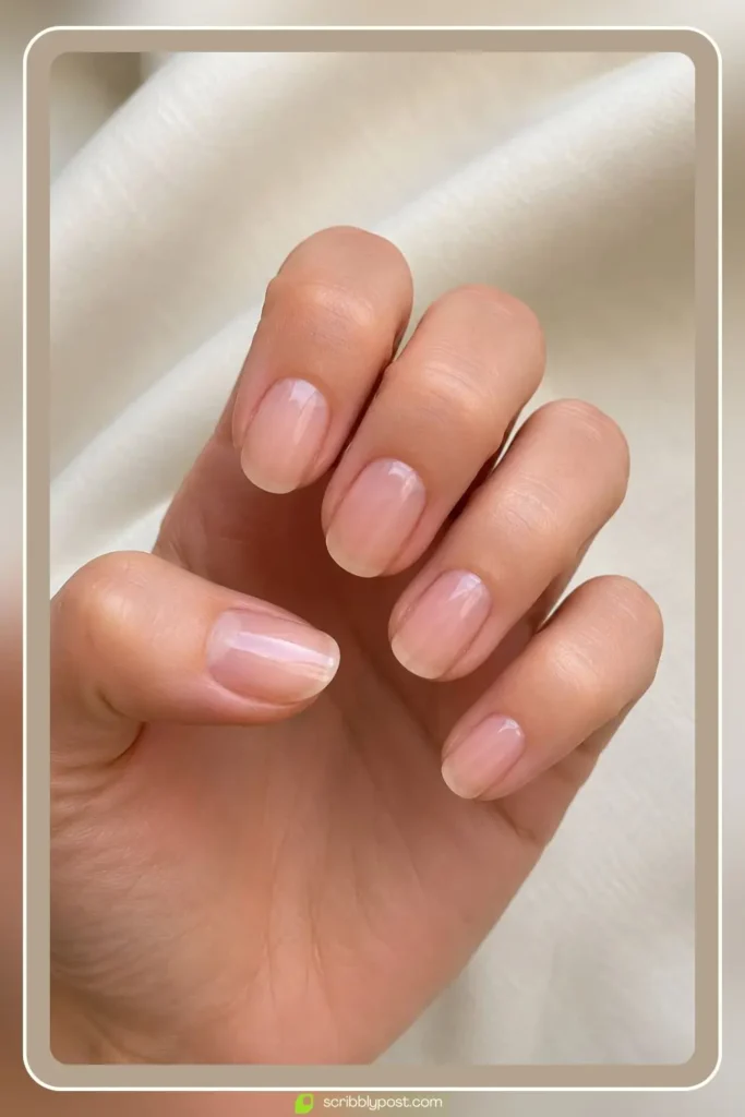 Buffed natural nail finish with keratin treatment polish on short clean girl nails