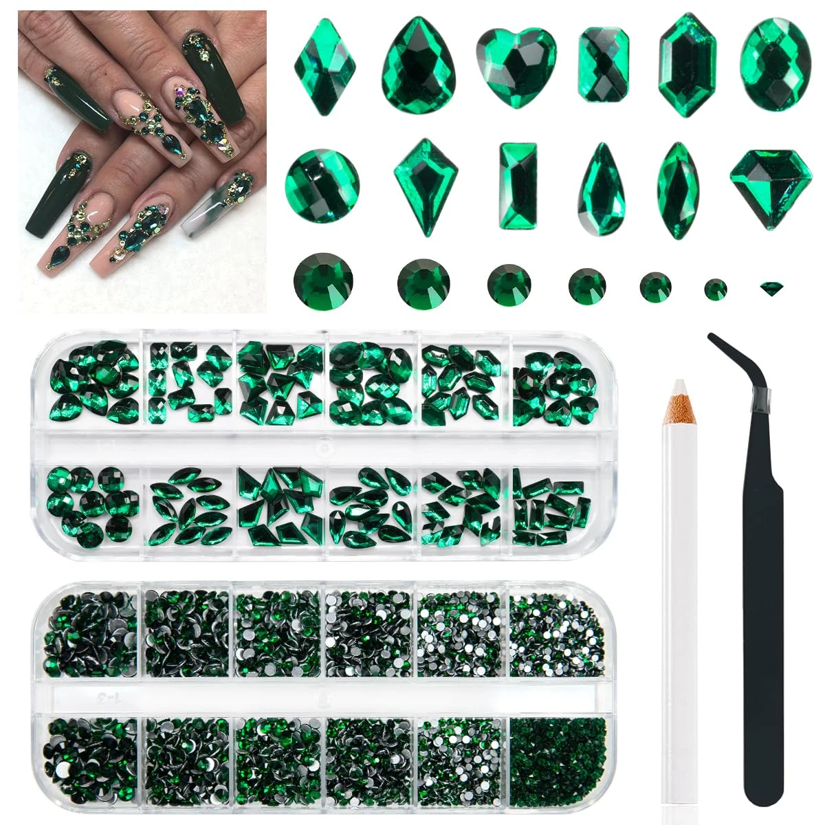 Emerald toned rhinestones for jewel drama nails