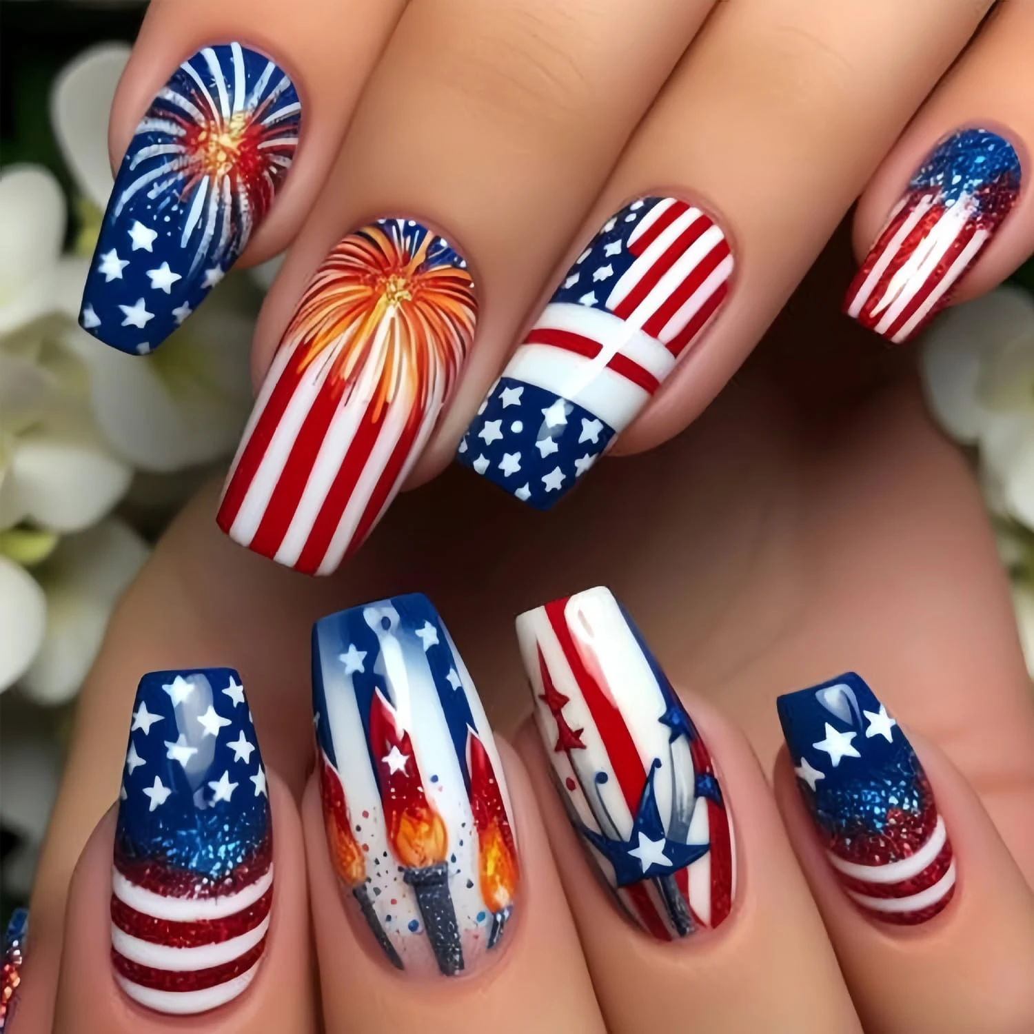 Long firework press on nails for glam fourth of july nail designs