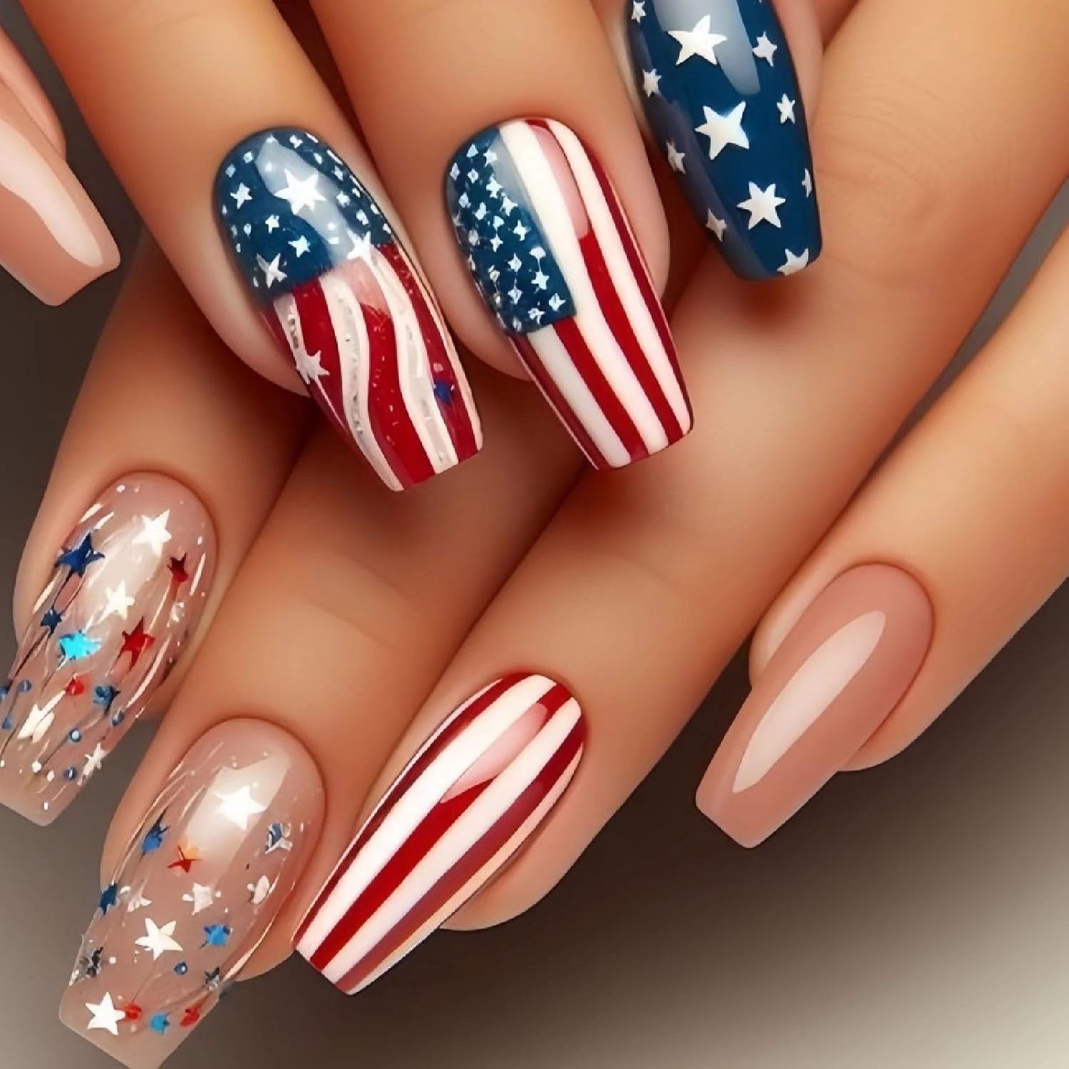 Coffin press on nails with flag art for fourth of july nail designs