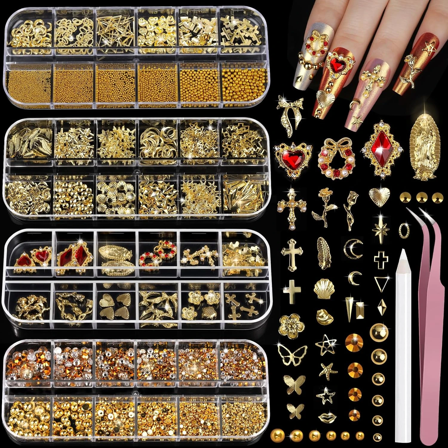 Gold and clear gems for red crystal holiday nails