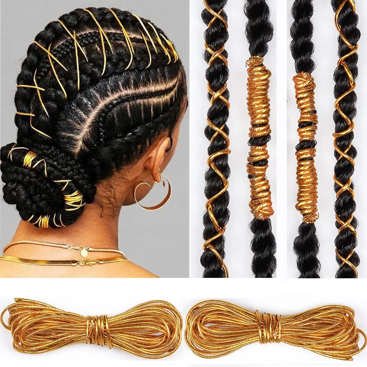 Gold strand hair wrap for decorating a fishtail braid beach wedding look