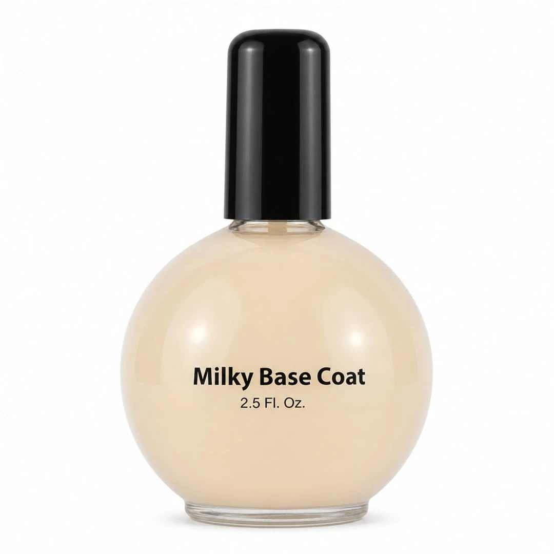 Milky base coat for the clean girl shimmer veil nail look