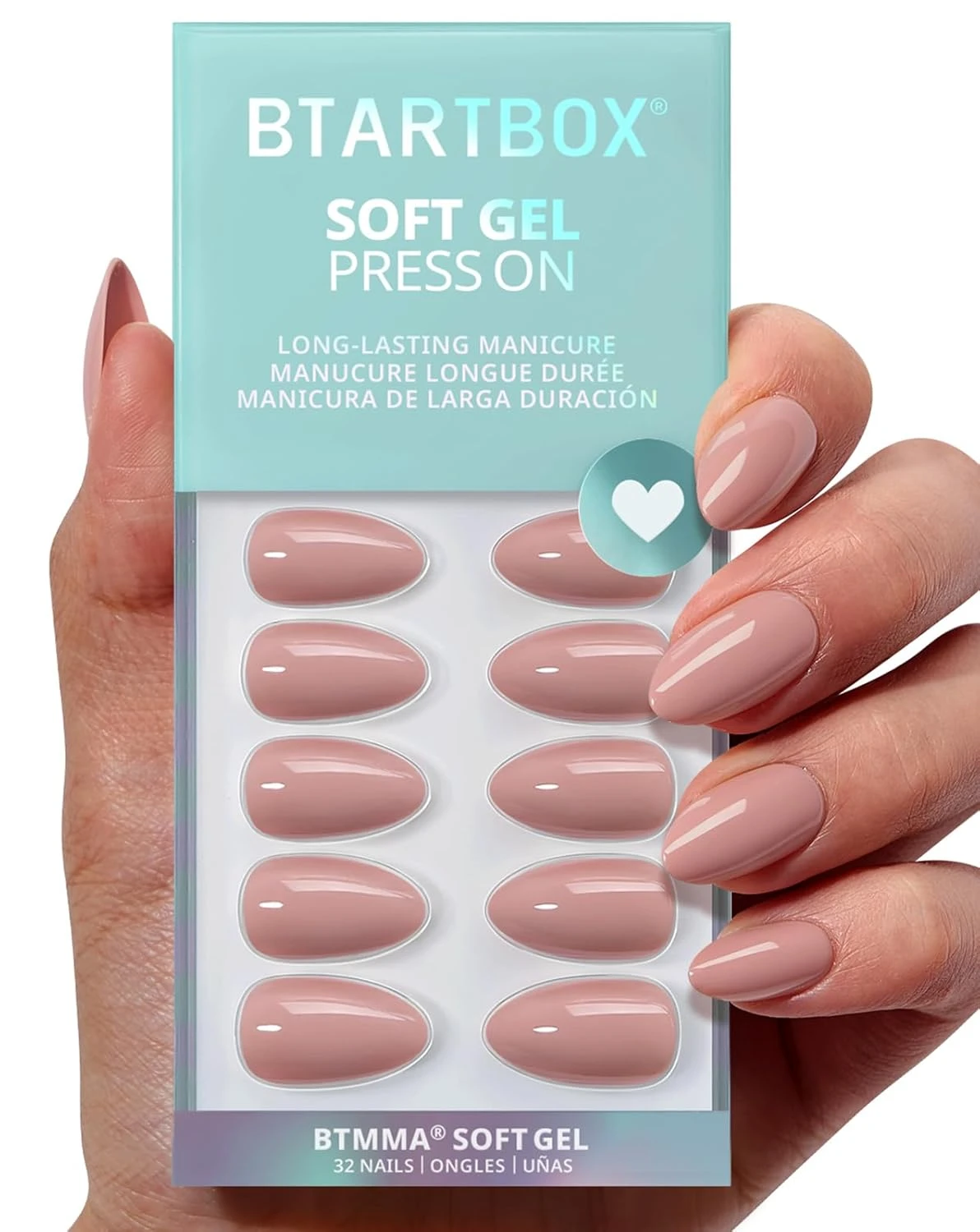 Nude almond press ons for cuticle crescent crystal nails