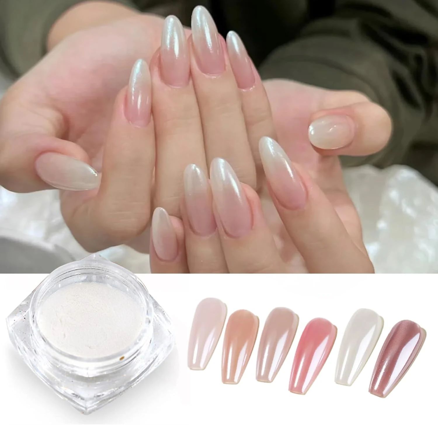 Pearl chrome nail powder for creating a glazed donut clean girl nail