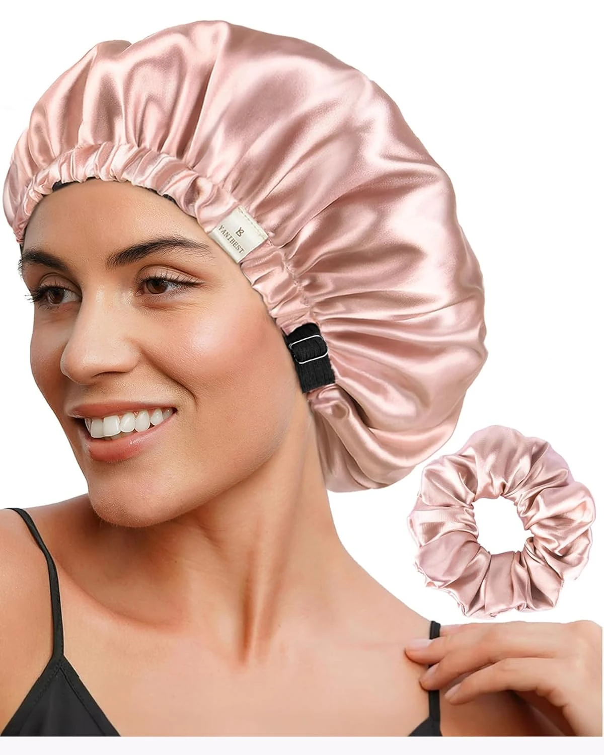 Satin bonnet for protecting short layered curly hair overnight