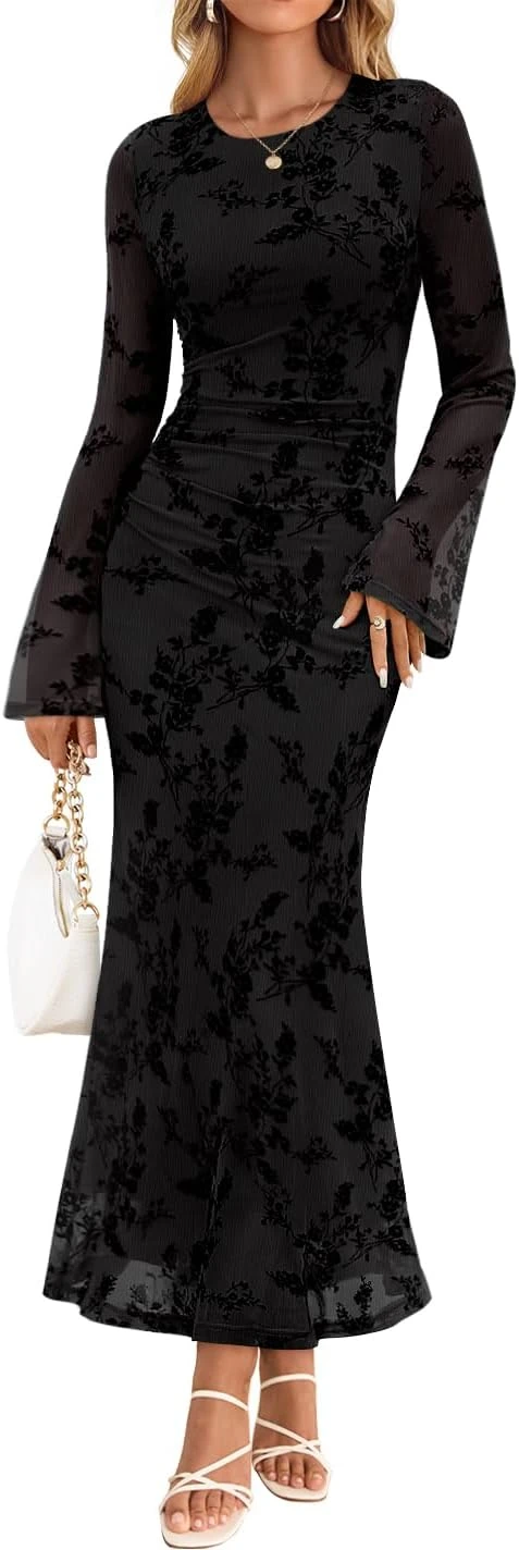 Black lace long sleeve evening dress with sheer sleeves for formal events