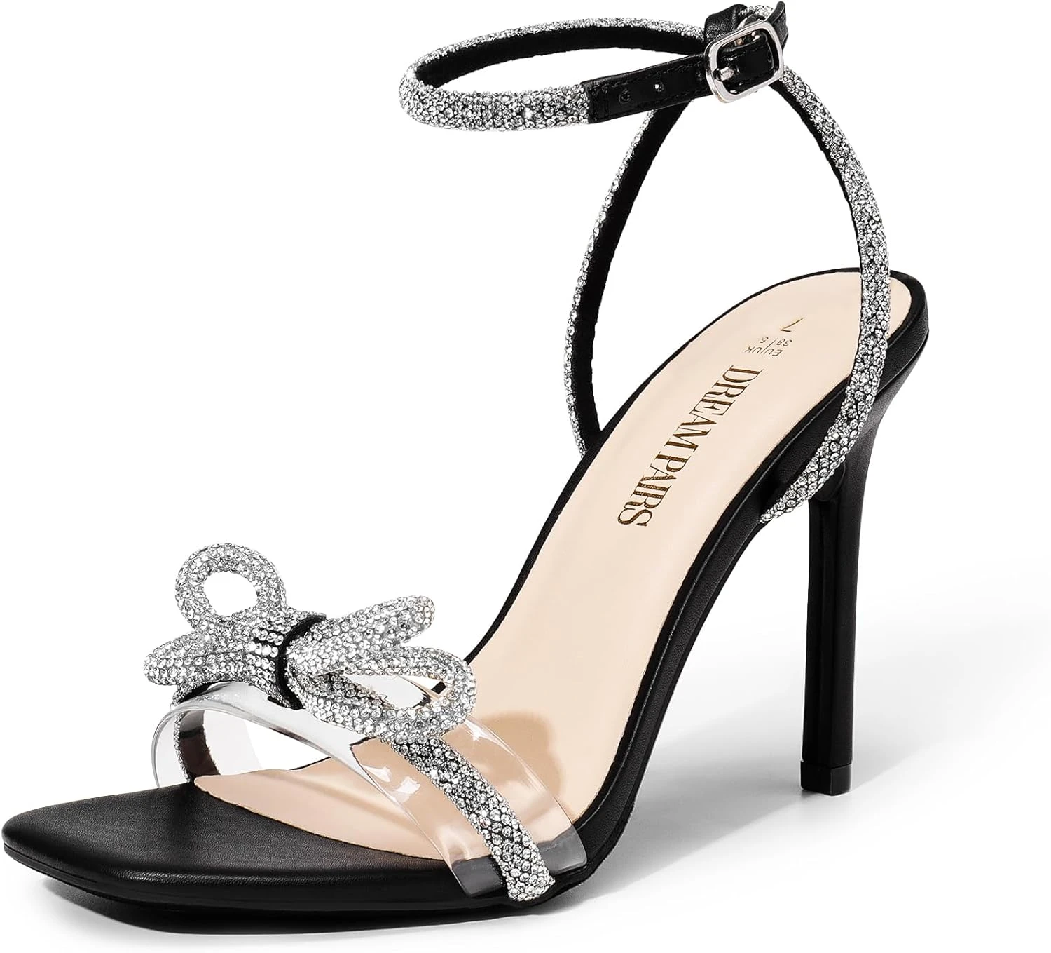 Black rhinestone heels for velvet slit evening gowns