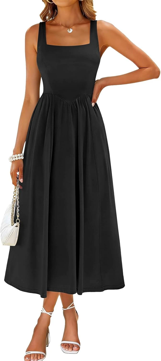 Black square neck midi dress for semi formal evening events