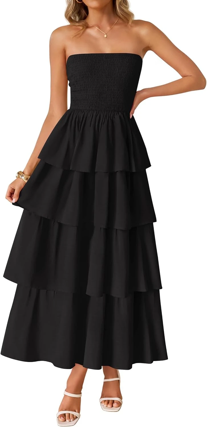 Black tiered ruffle chiffon maxi dress for outdoor evening events