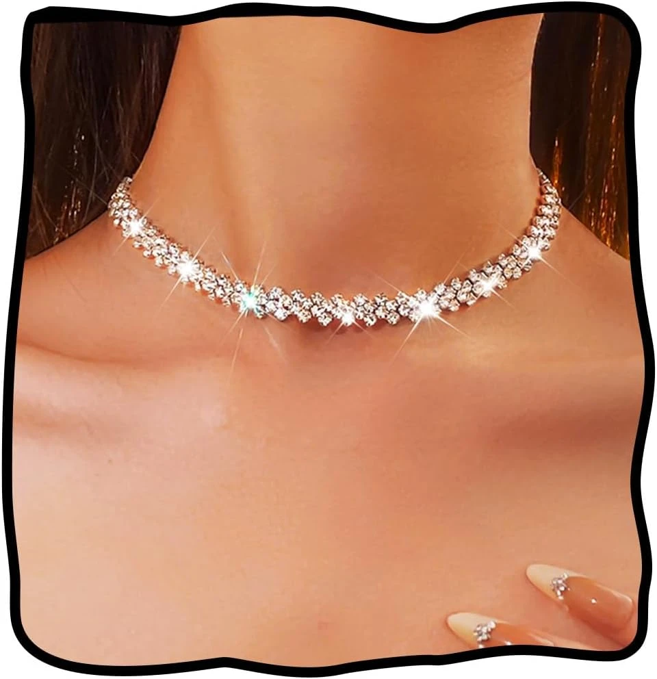 Diamond style choker necklace for strapless black evening dress styling