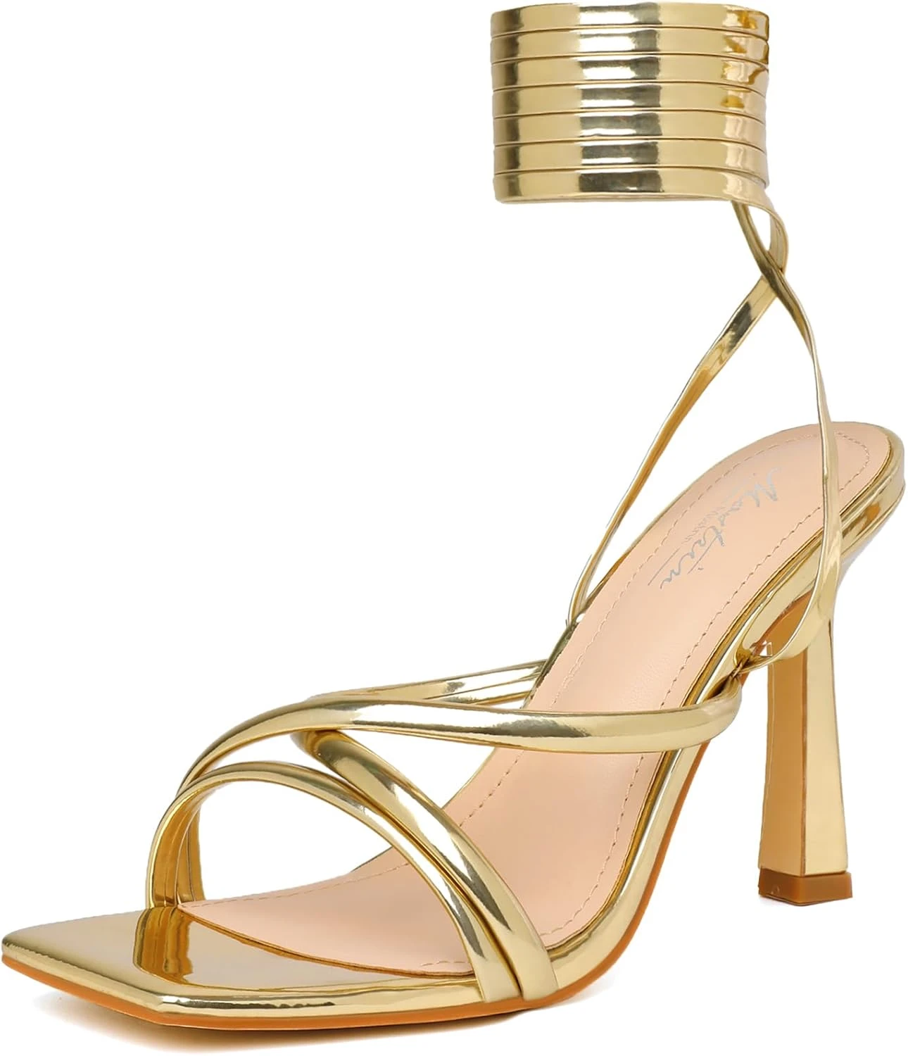 Gold lace up heels for high slit black evening dresses